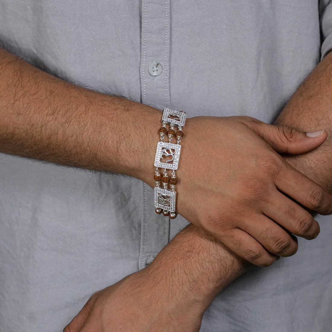 Rudraksha Silver Diamond Om Brooch Three Line Bracelet - Image 3