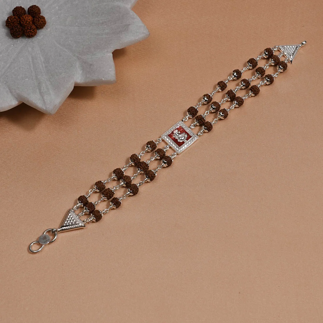 Rudraksha Silver Ganesh in Red Triple Line Bracelet - Image 2