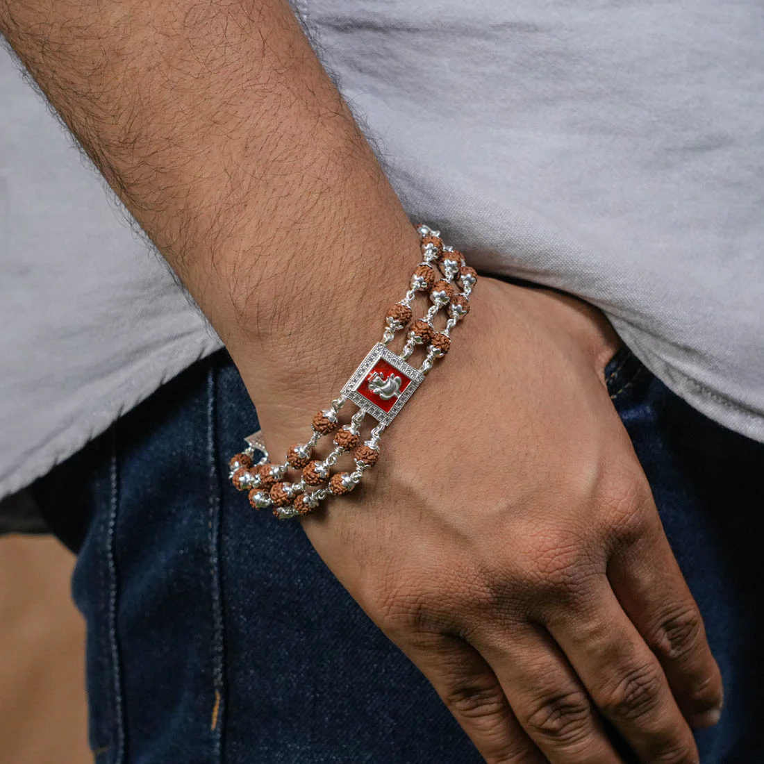 Rudraksha Silver Ganesh in Red Triple Line Bracelet - Image 3