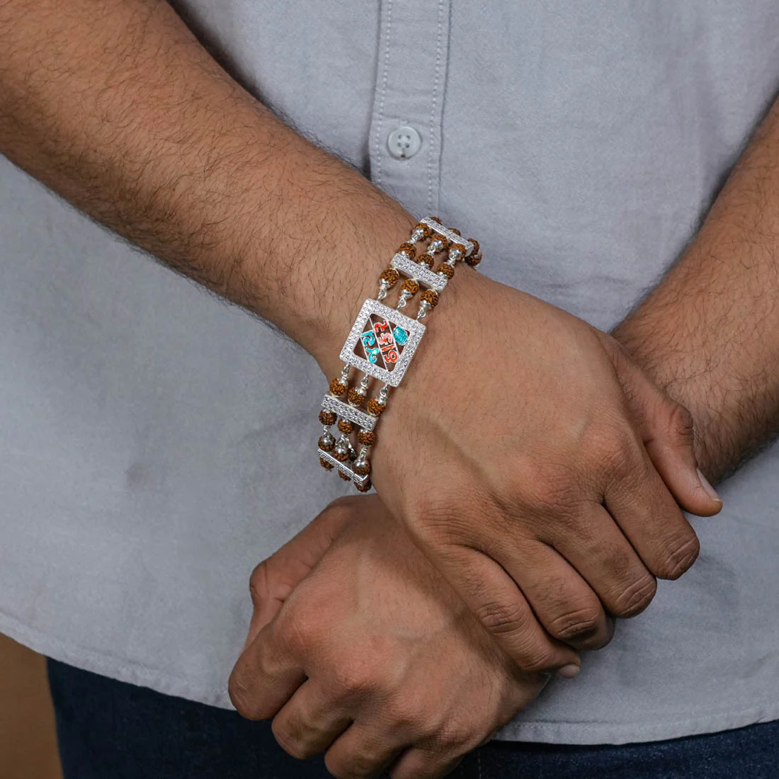 Rudraksha Silver Jay Thakar Brooch Bracelet - Image 3