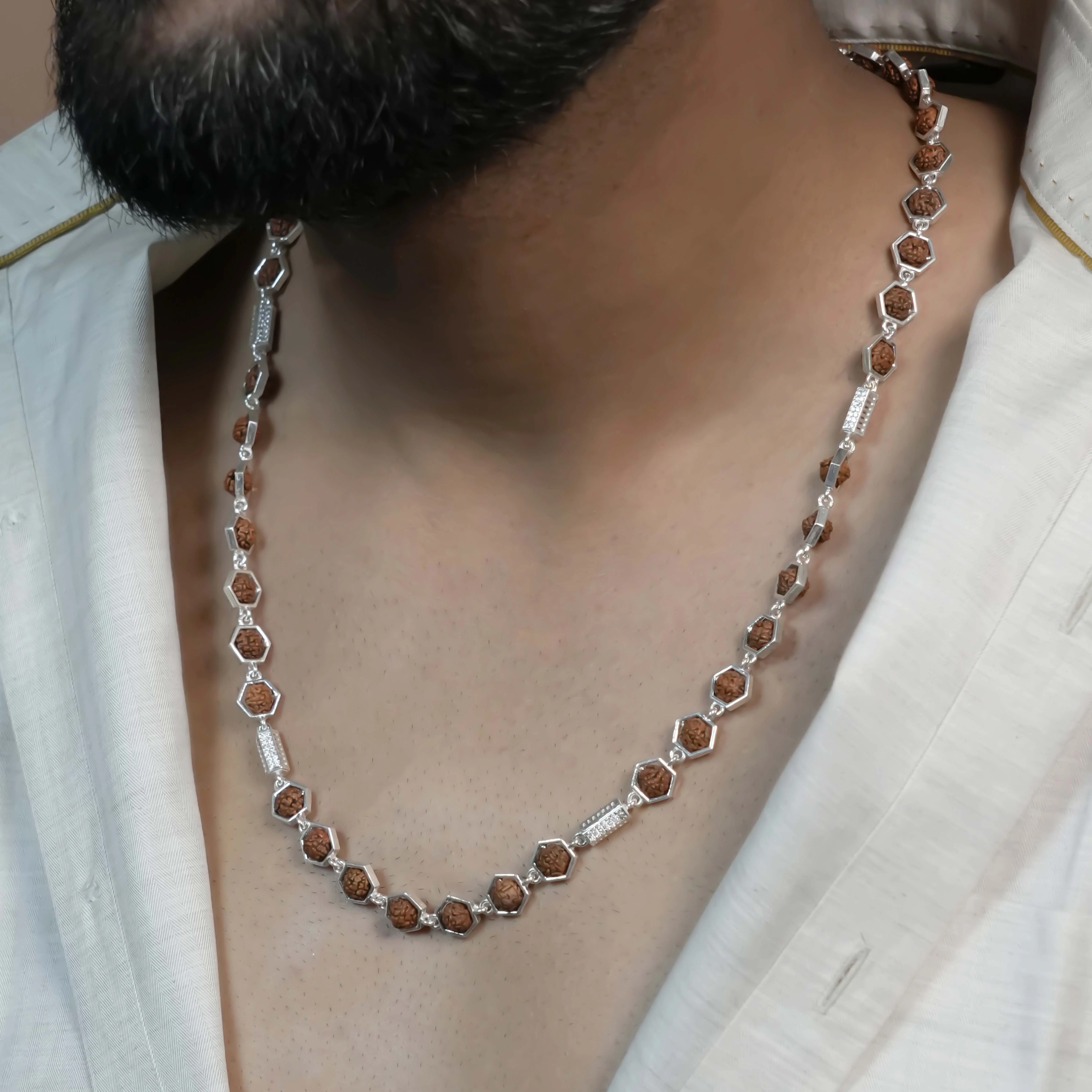 Rudraksha Silver Mala (Hexagon Ring With Cylinder) - Image 3