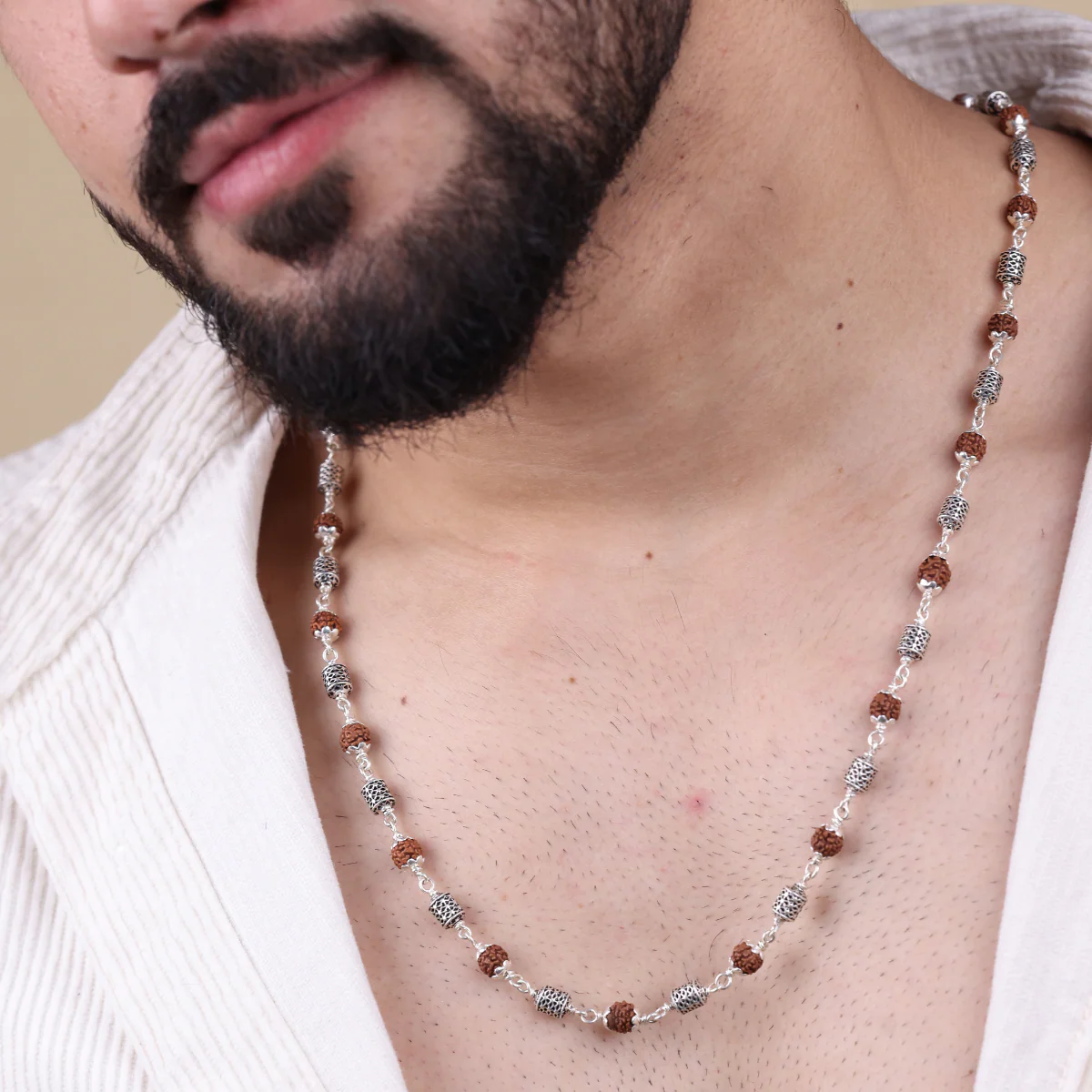 Rudraksha Silver Mala (Oval Filigree Beads) - Image 3