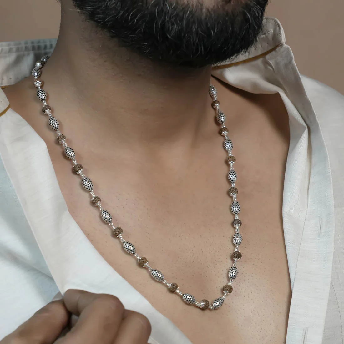 Rudraksha Silver Mala (Perforated Oval Beads) - Image 3