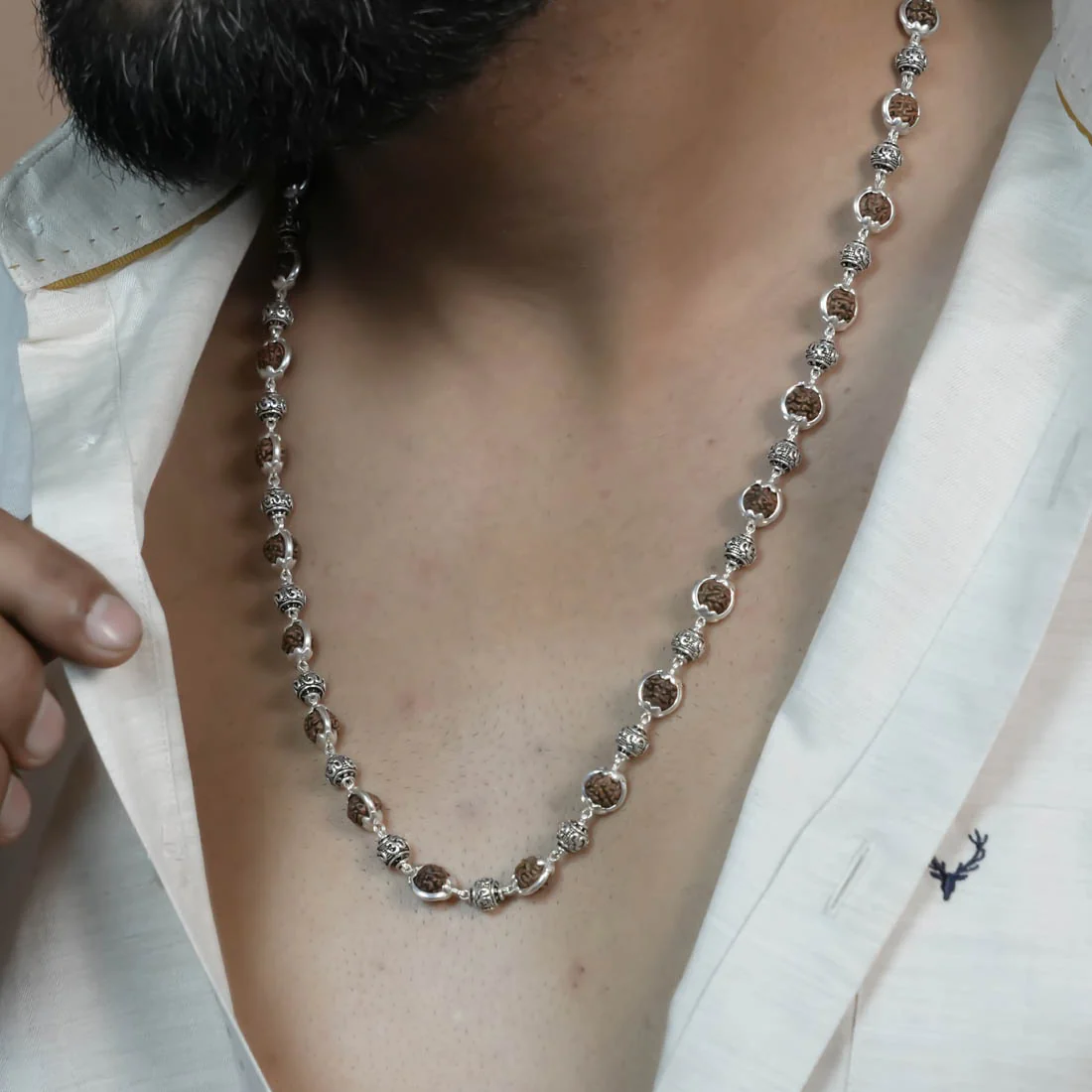 Rudraksha Capping Silver Mala (Om Beads) - Image 4