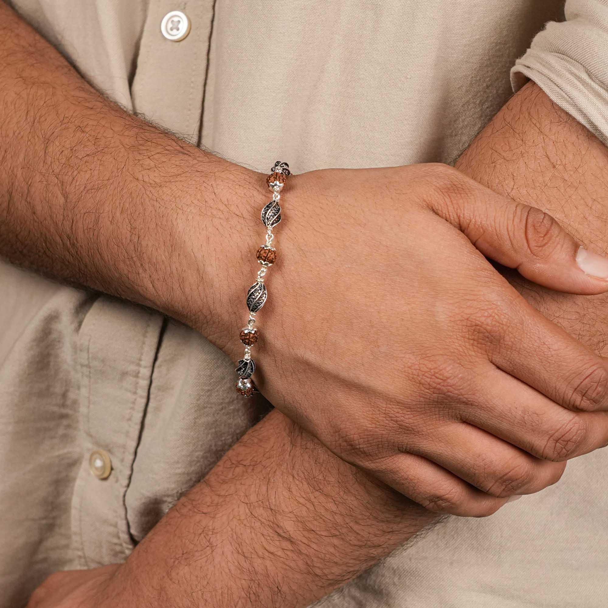 Rudraksha Silver Marquise Beads Bracelet. - Image 3