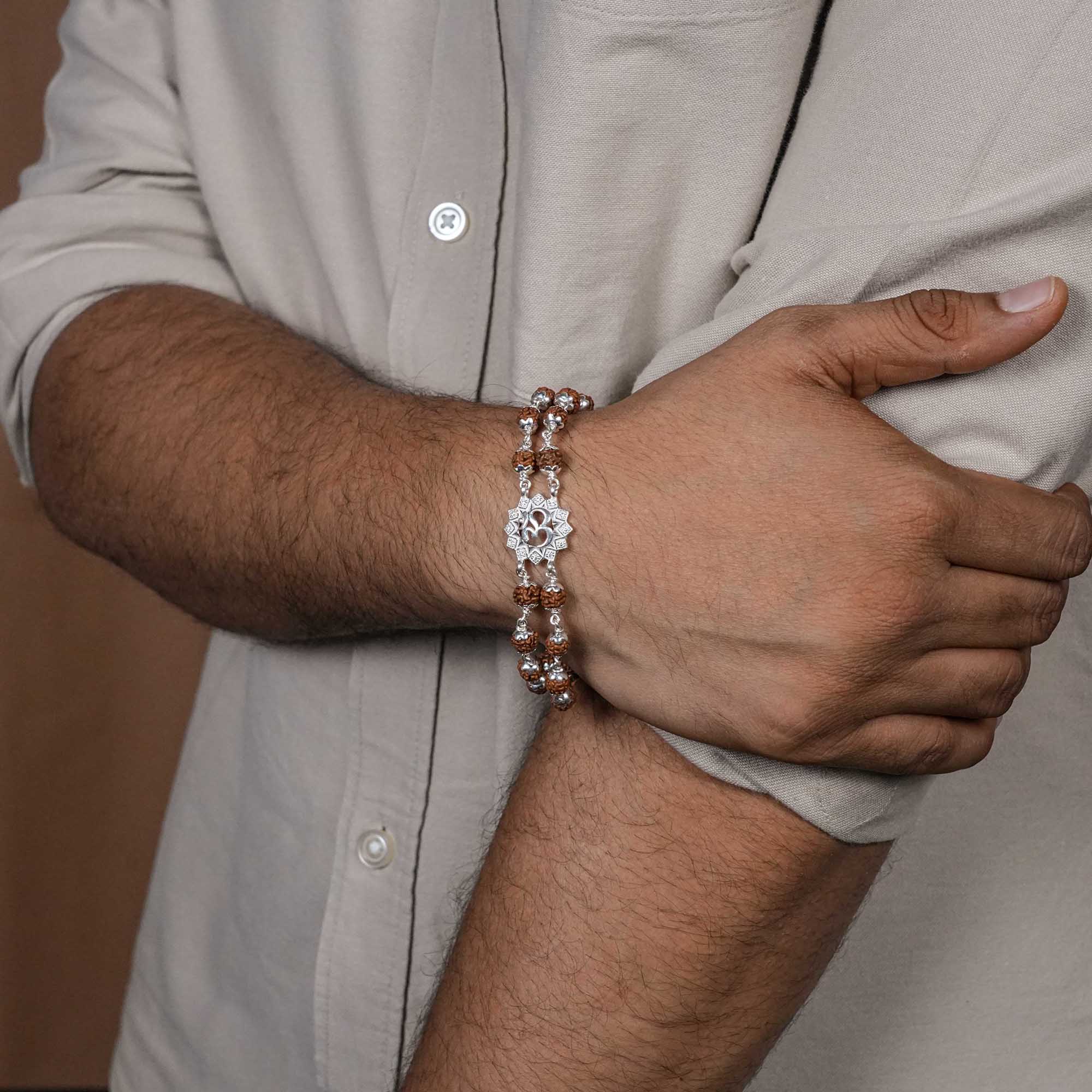 Rudraksha Silver Om Flower double line Bracelet - Image 3