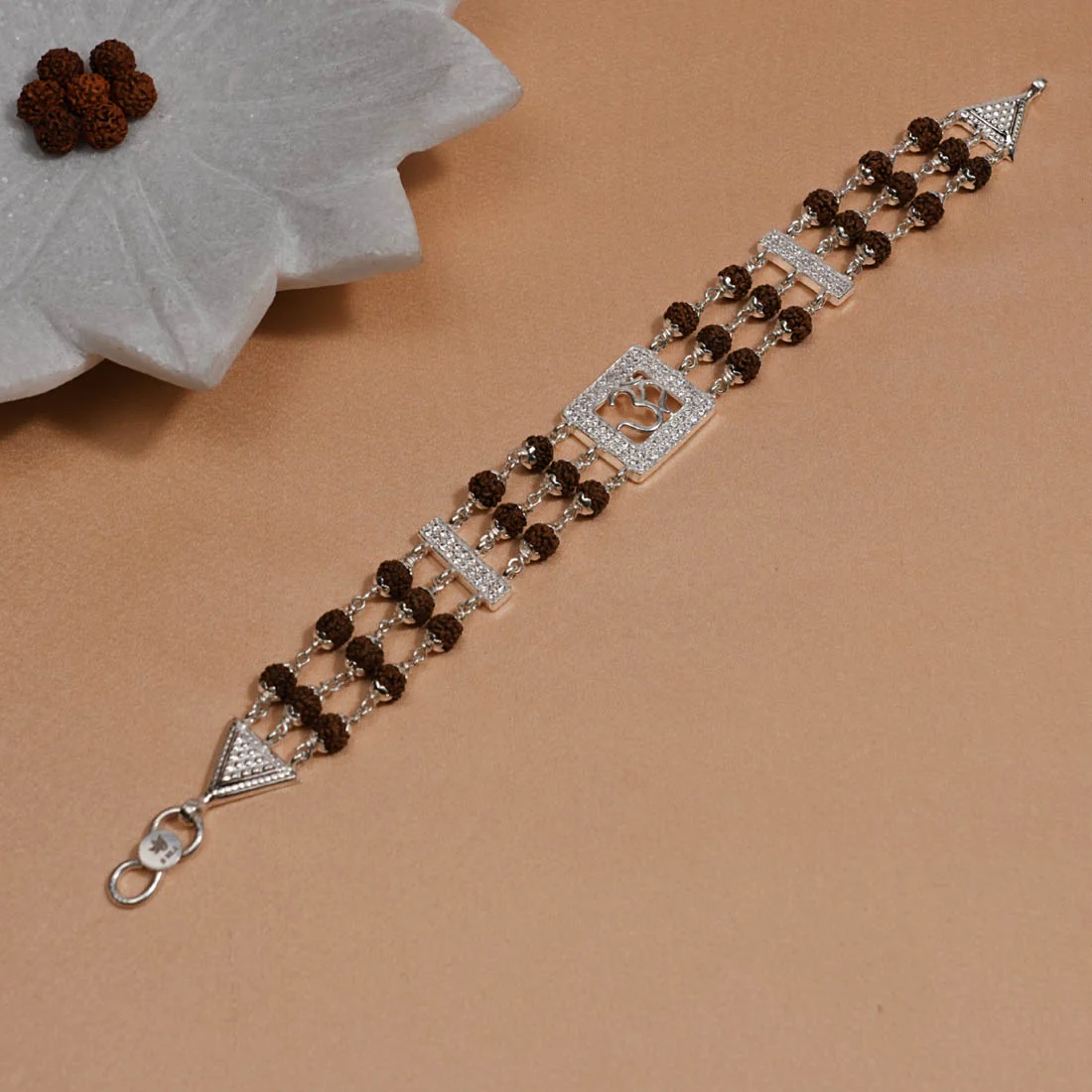 Rudraksha Silver Om in Diamond Square Triple Line Bracelet - Image 2