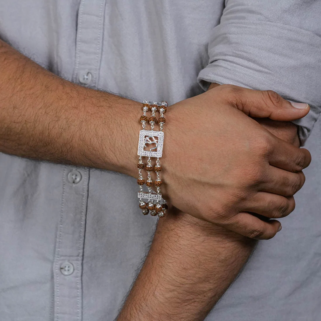 Rudraksha Silver Om in Diamond Square Triple Line Bracelet - Image 3