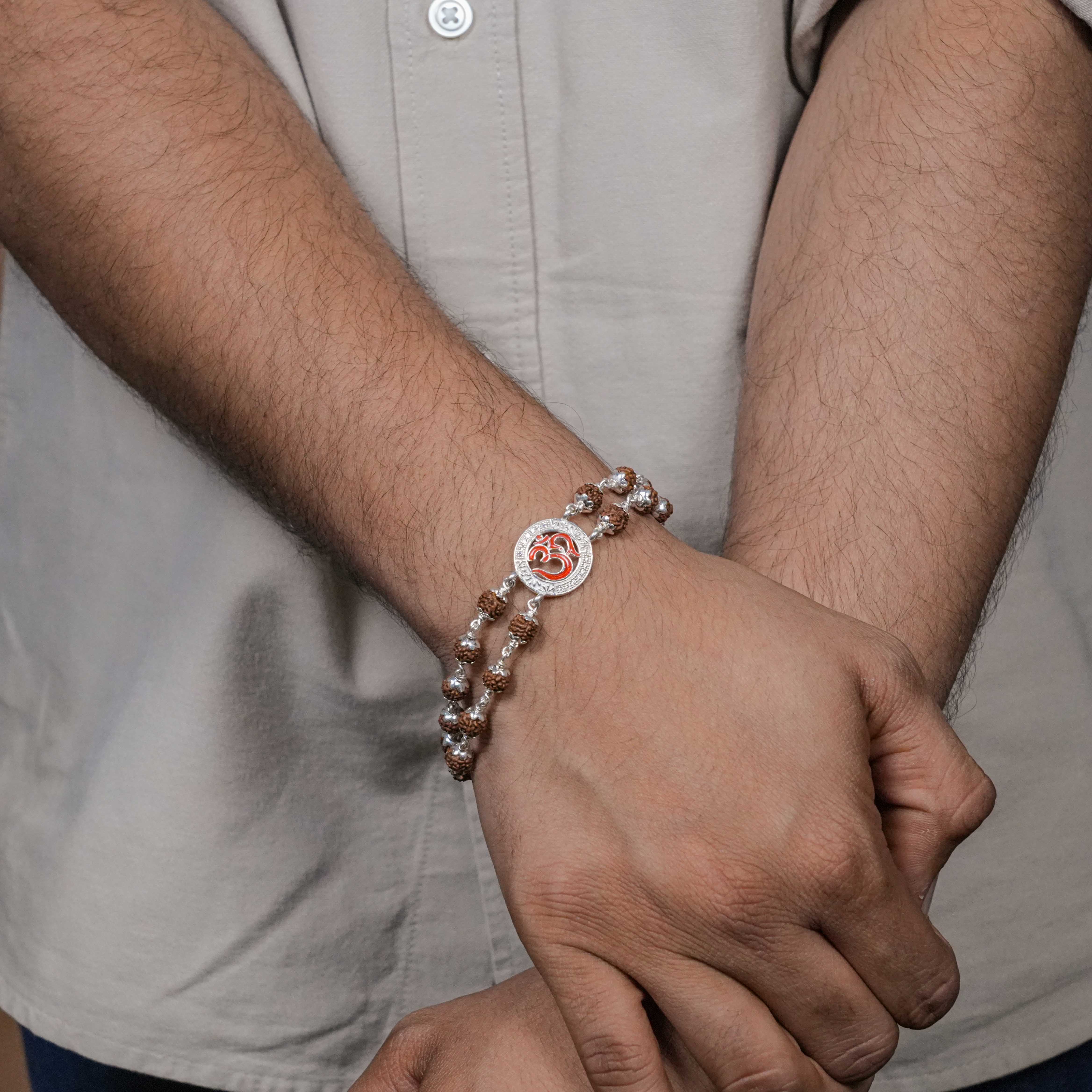 Rudraksha Silver Om in Round Shape Double Line Bracelet - Image 3