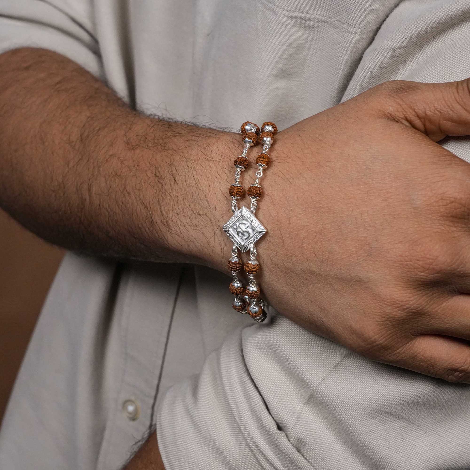 Rudraksha Silver Om Rhombus Double Line Bracelet - Image 3