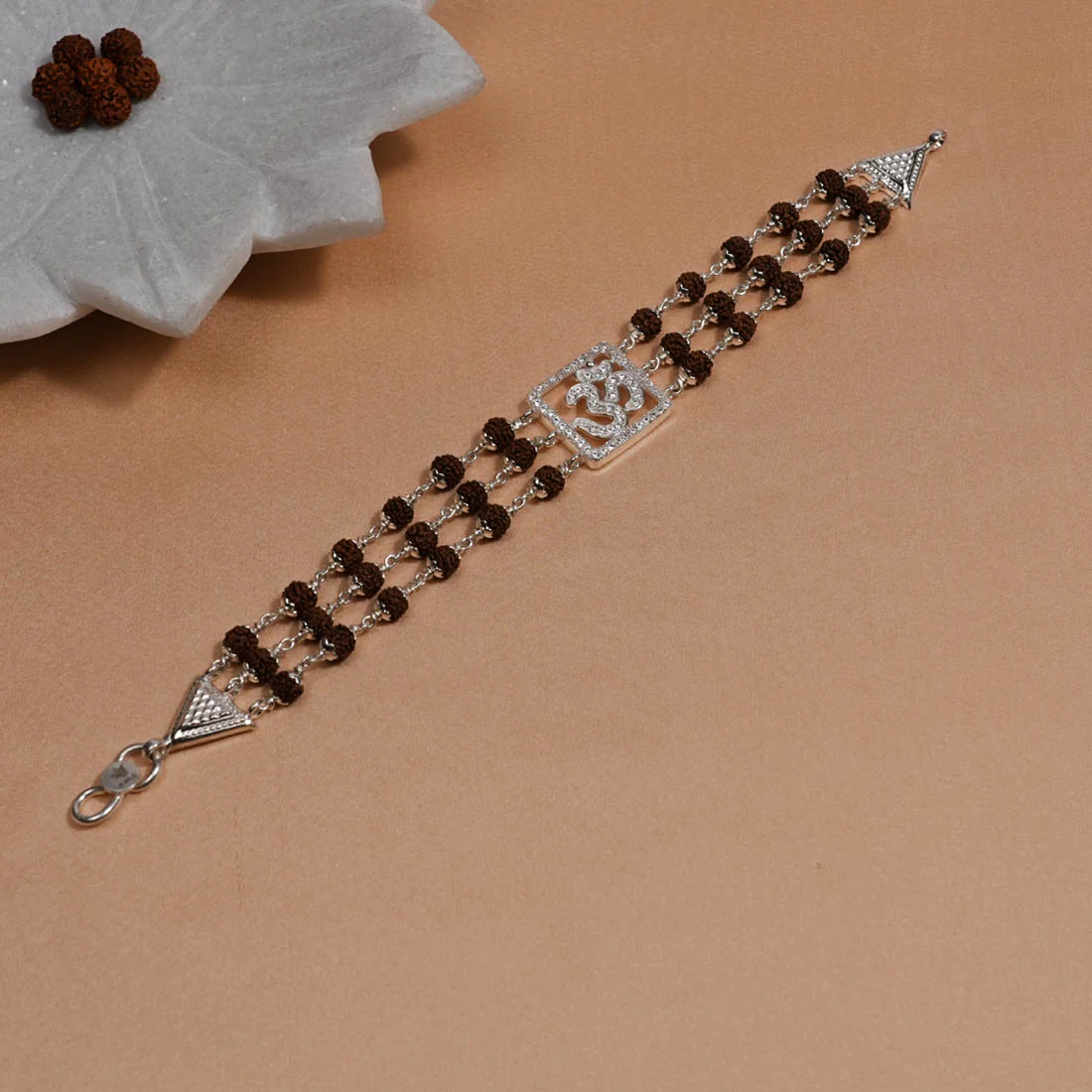Rudraksha Silver Om Triple Line Bracelet - Image 2