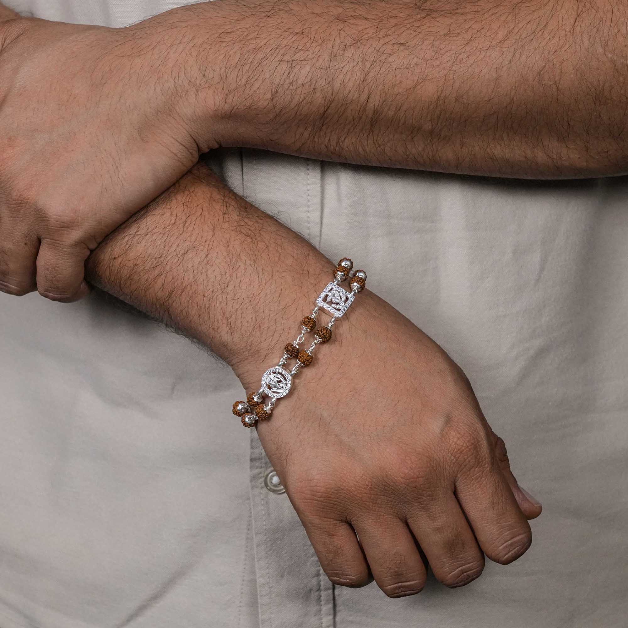 Rudraksha Silver Om With Ganesh Double Line Bracelet - Image 3