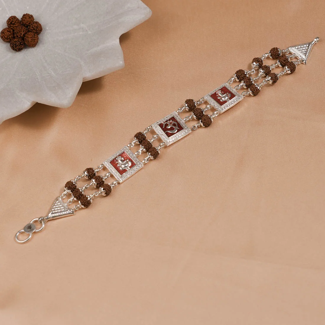 Rudraksha Silver Om with Ganesh Triple Line Bracelet - Image 2