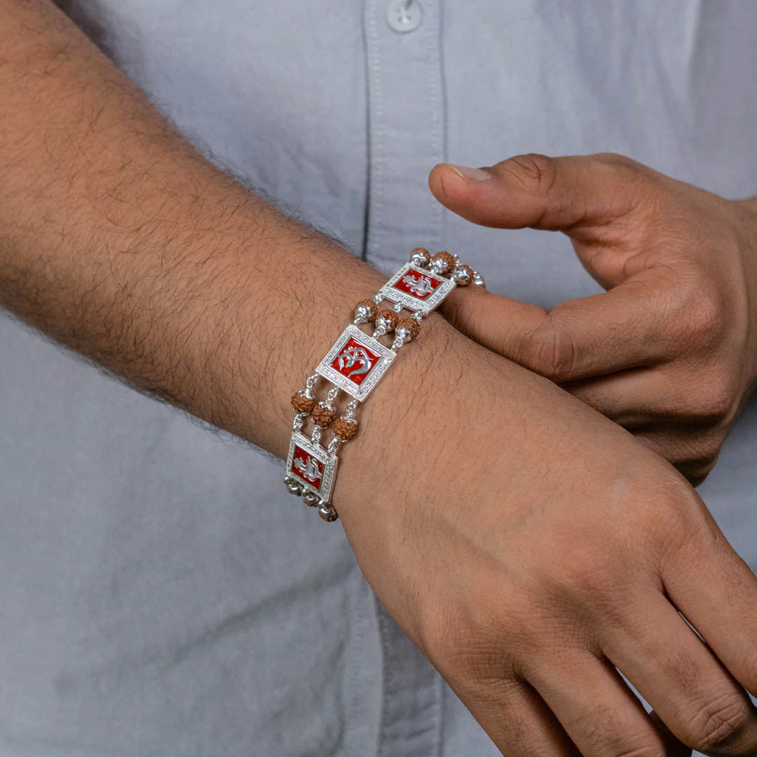 Rudraksha Silver Om with Ganesh Triple Line Bracelet - Image 3