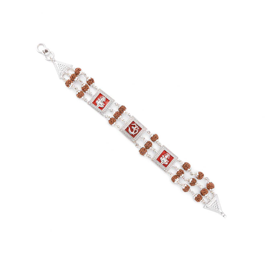Rudraksha Silver Om with Ganesh Triple Line Bracelet - Image 4
