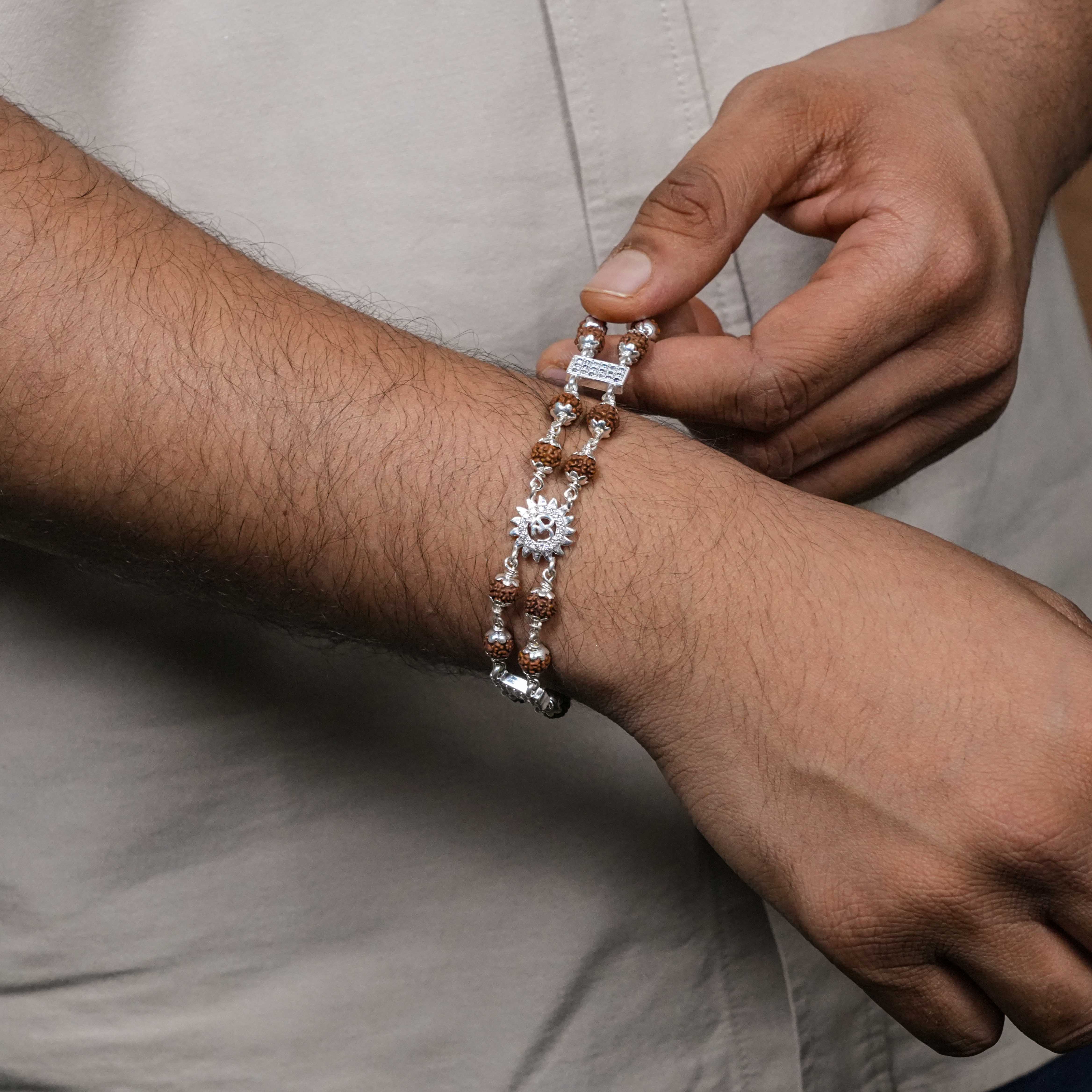 Rudraksha Silver Om With Sunface Double Line Bracelet - Image 3