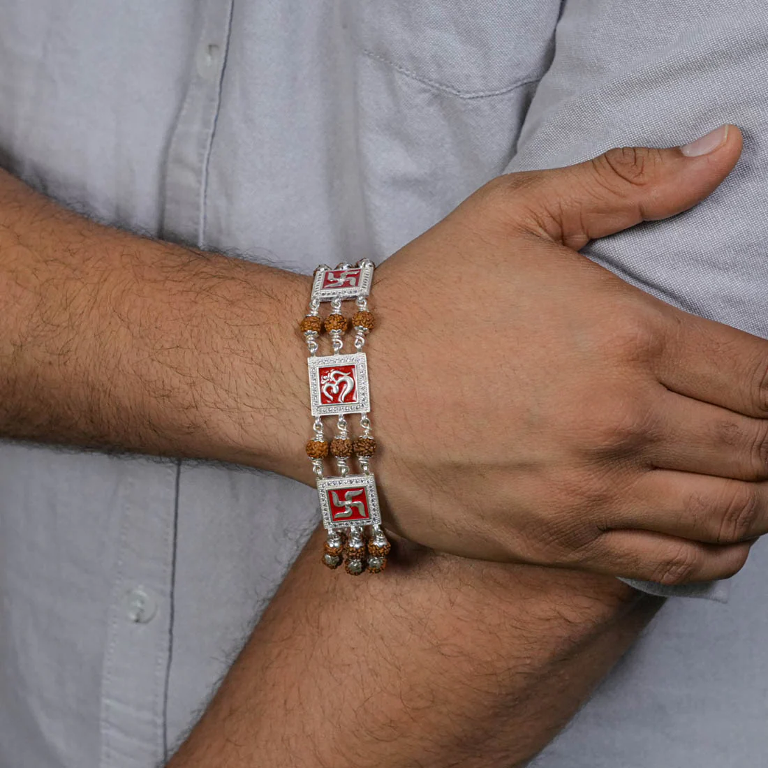Rudraksha Silver Om With Swastik Tripal Line Bracelet - Image 3