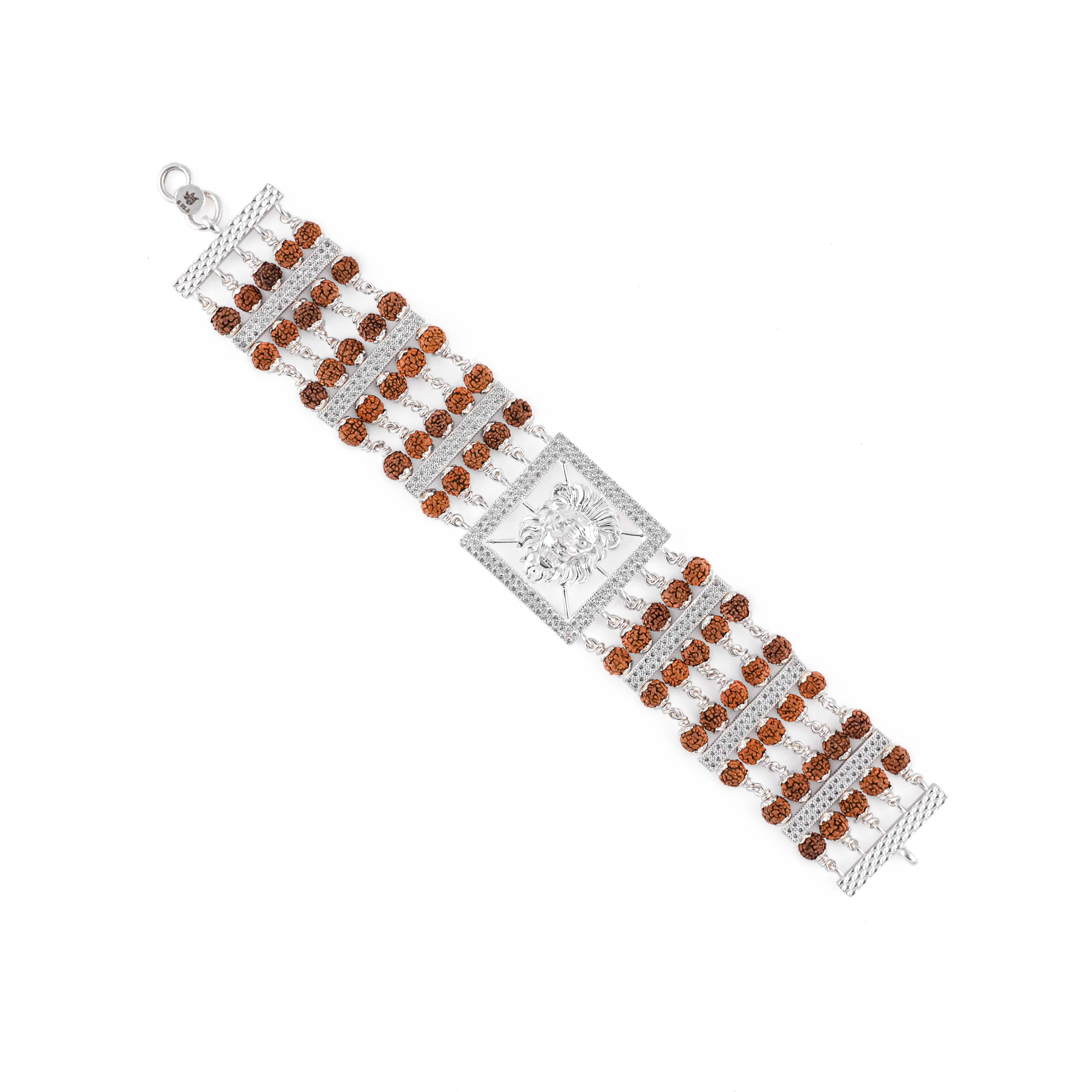 Rudraksha Silver Roaring Lion Five Lines Bracelet - Image 4