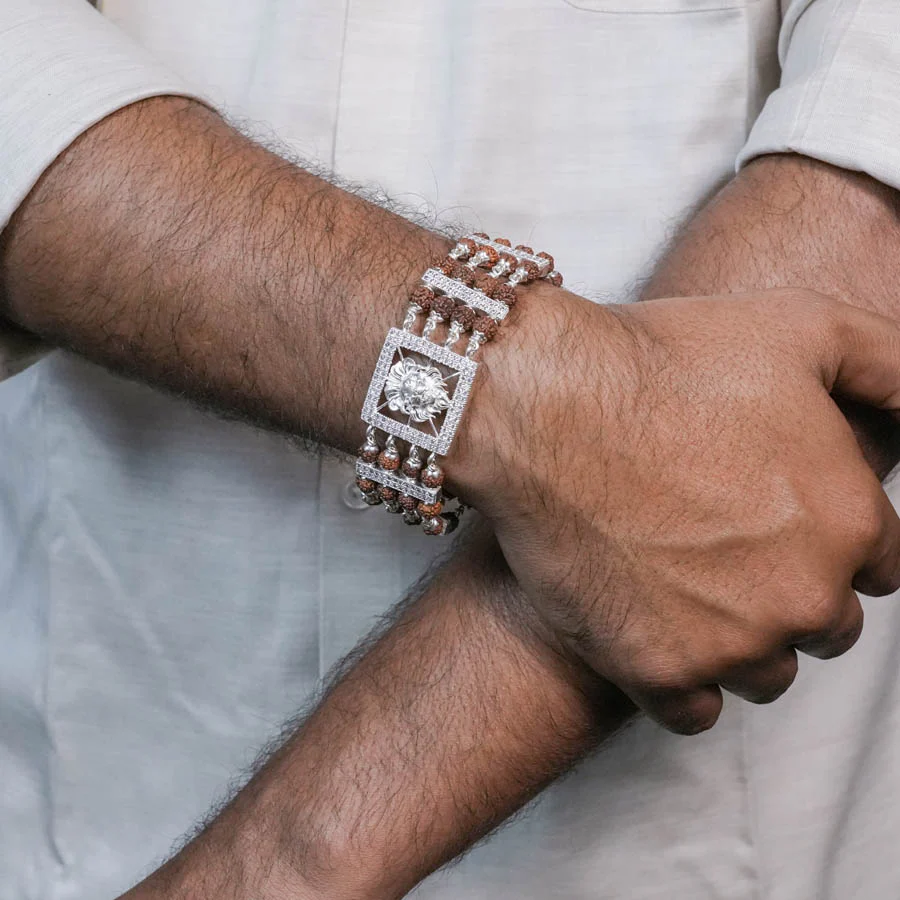 Rudraksha Silver Roaring Lion Four Line Bracelet - Image 3