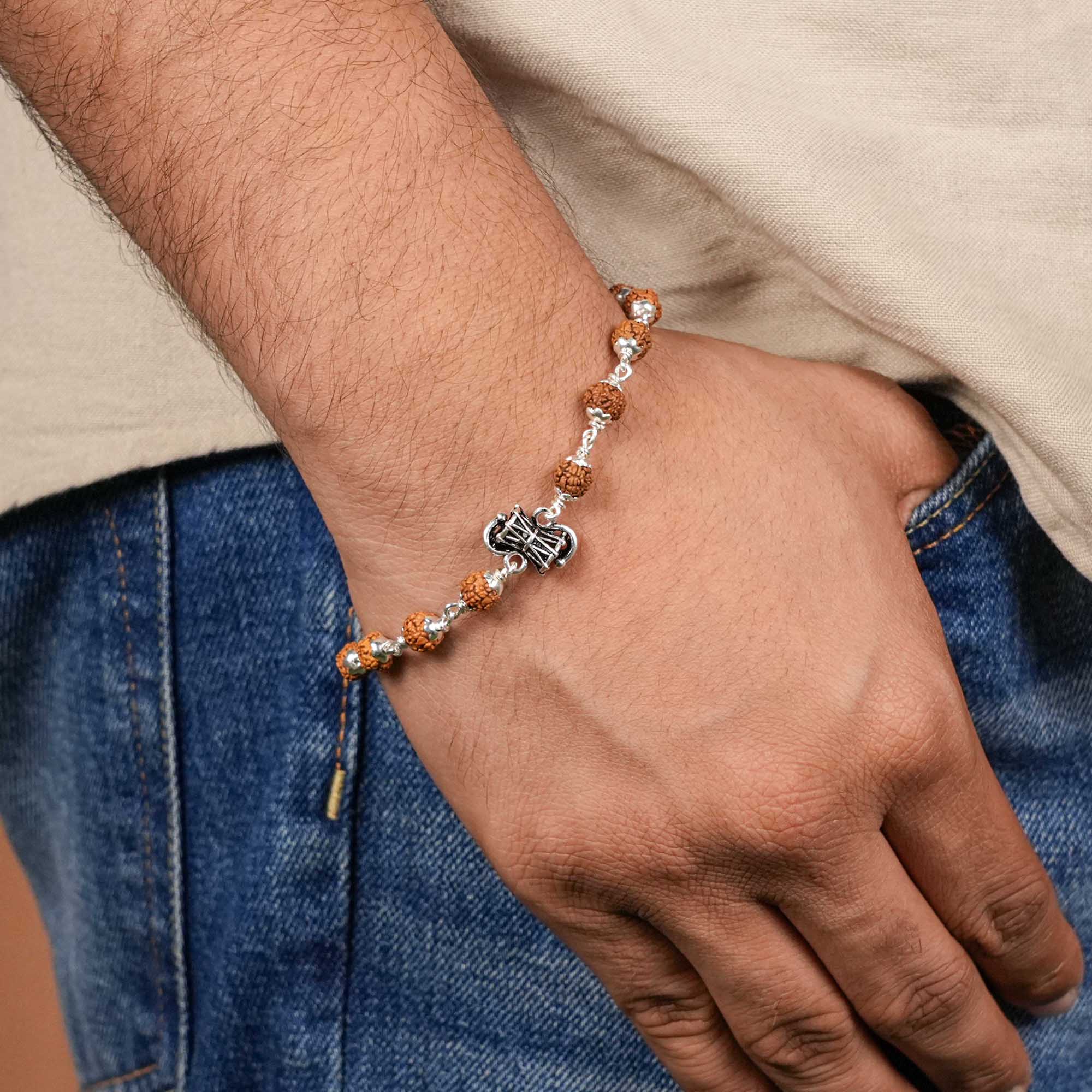 Rudraksha Silver Shiva Damru Bracelet Single - Image 3