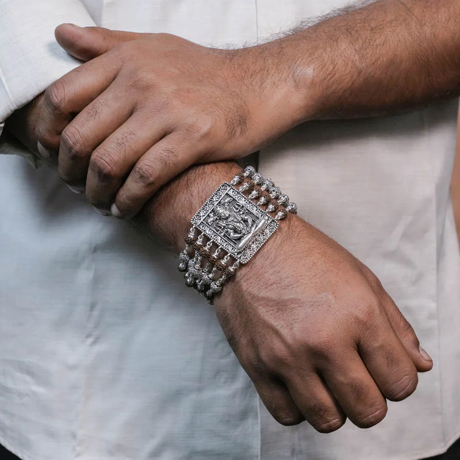 Rudraksha Silver Shiva Six Lines Bracelet - Image 3