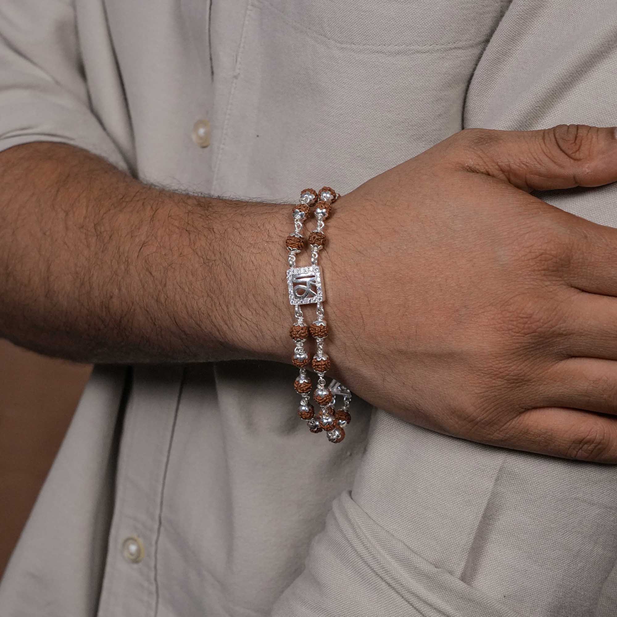 Rudraksha Silver Shree in Square double line bracelet - Image 3
