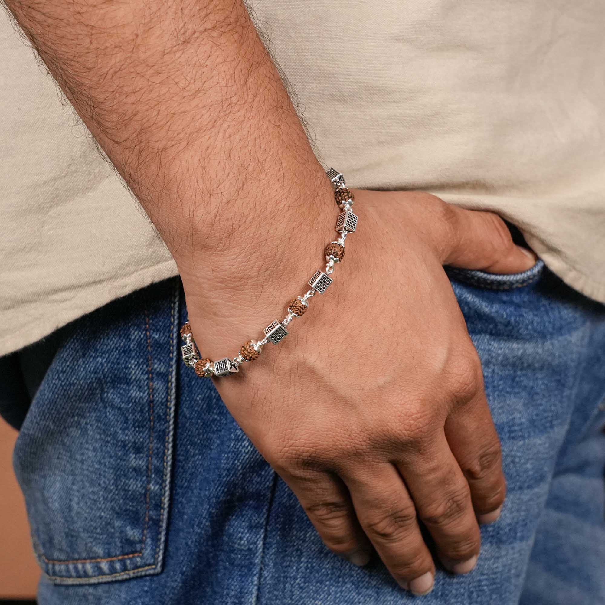 Rudraksha Silver Square Cylinder Bracelet. - Image 3