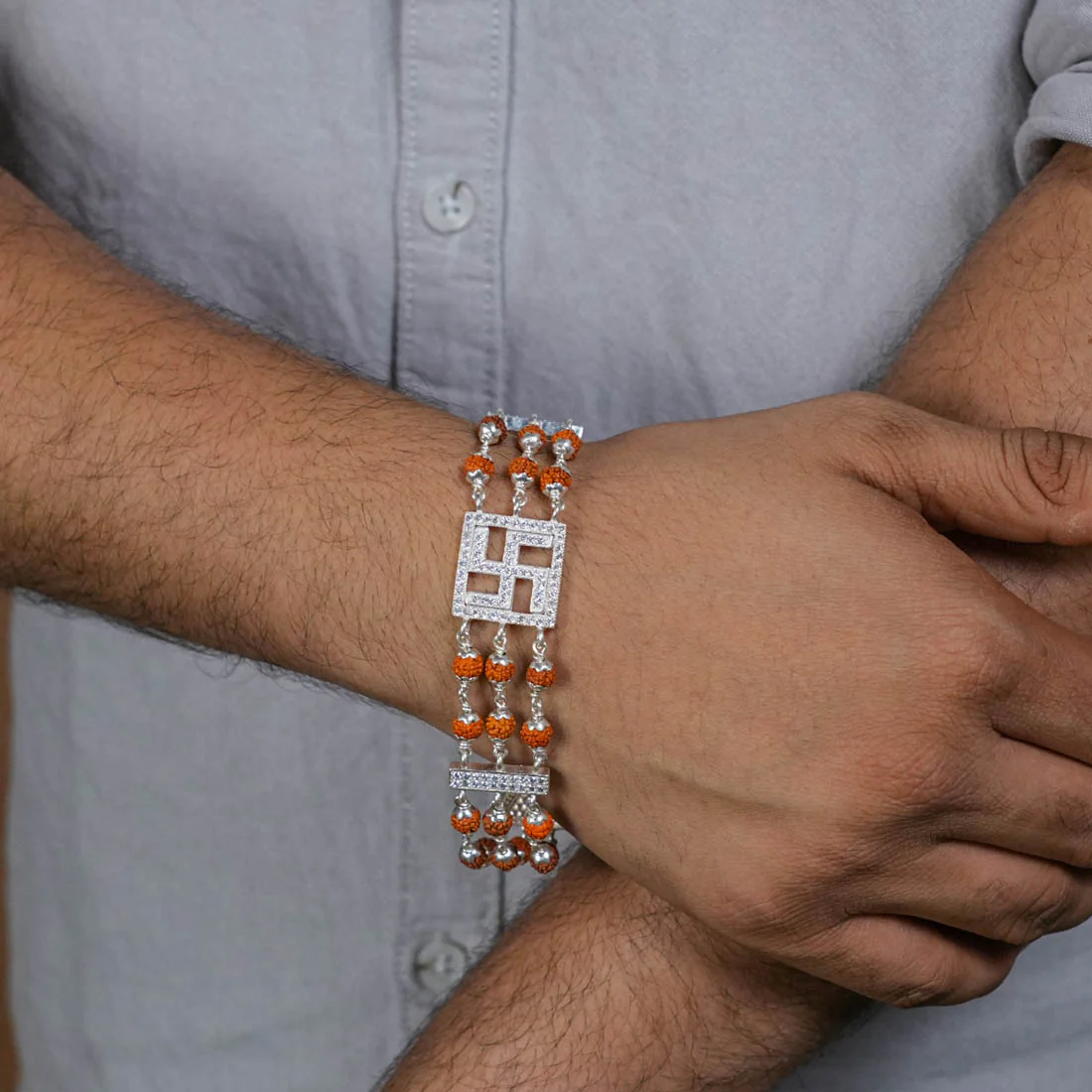Rudraksha Silver Swastik Brooch Triple Line Bracelet - Image 3