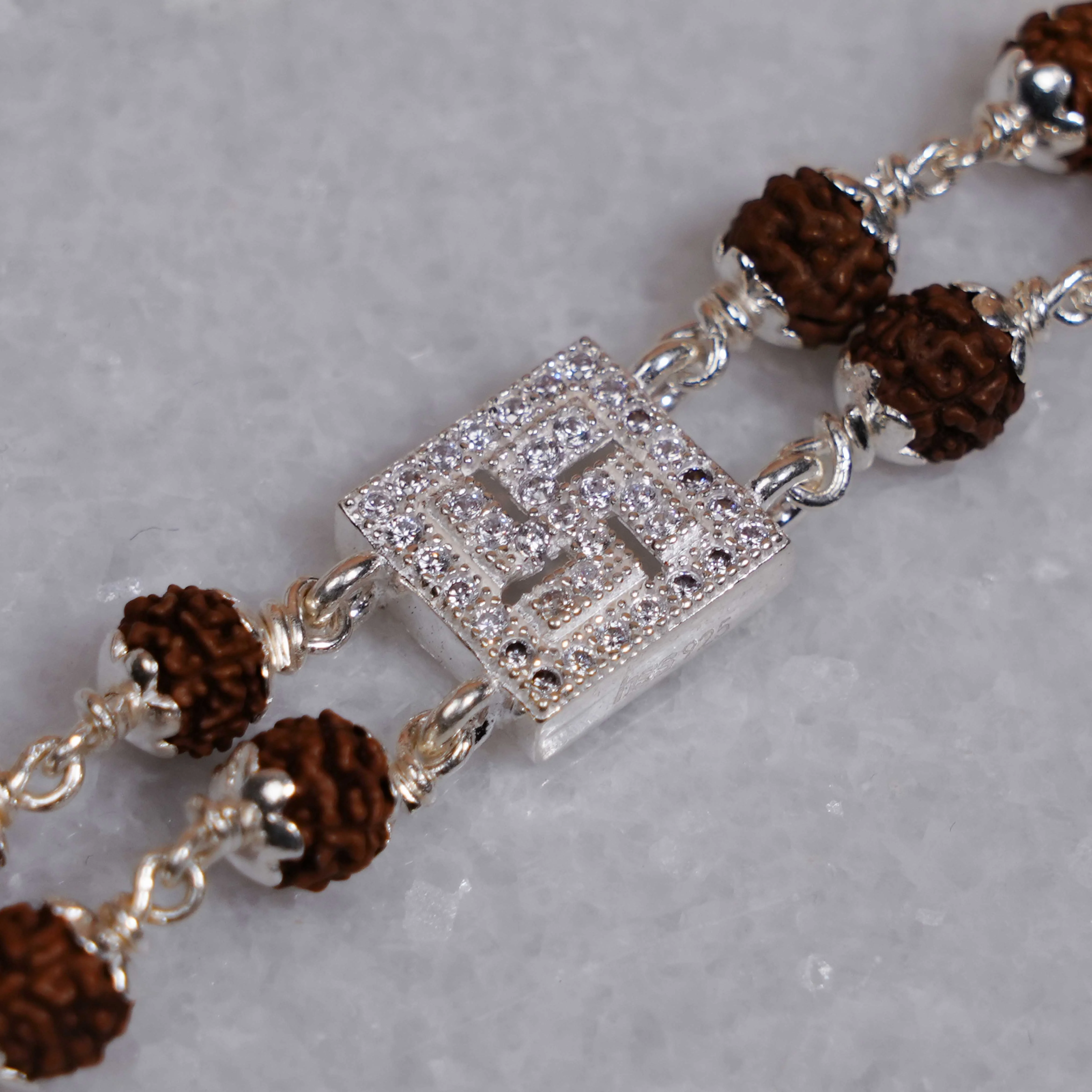 Rudraksha Silver Swastik in Diamond Square Double Line Bracelet