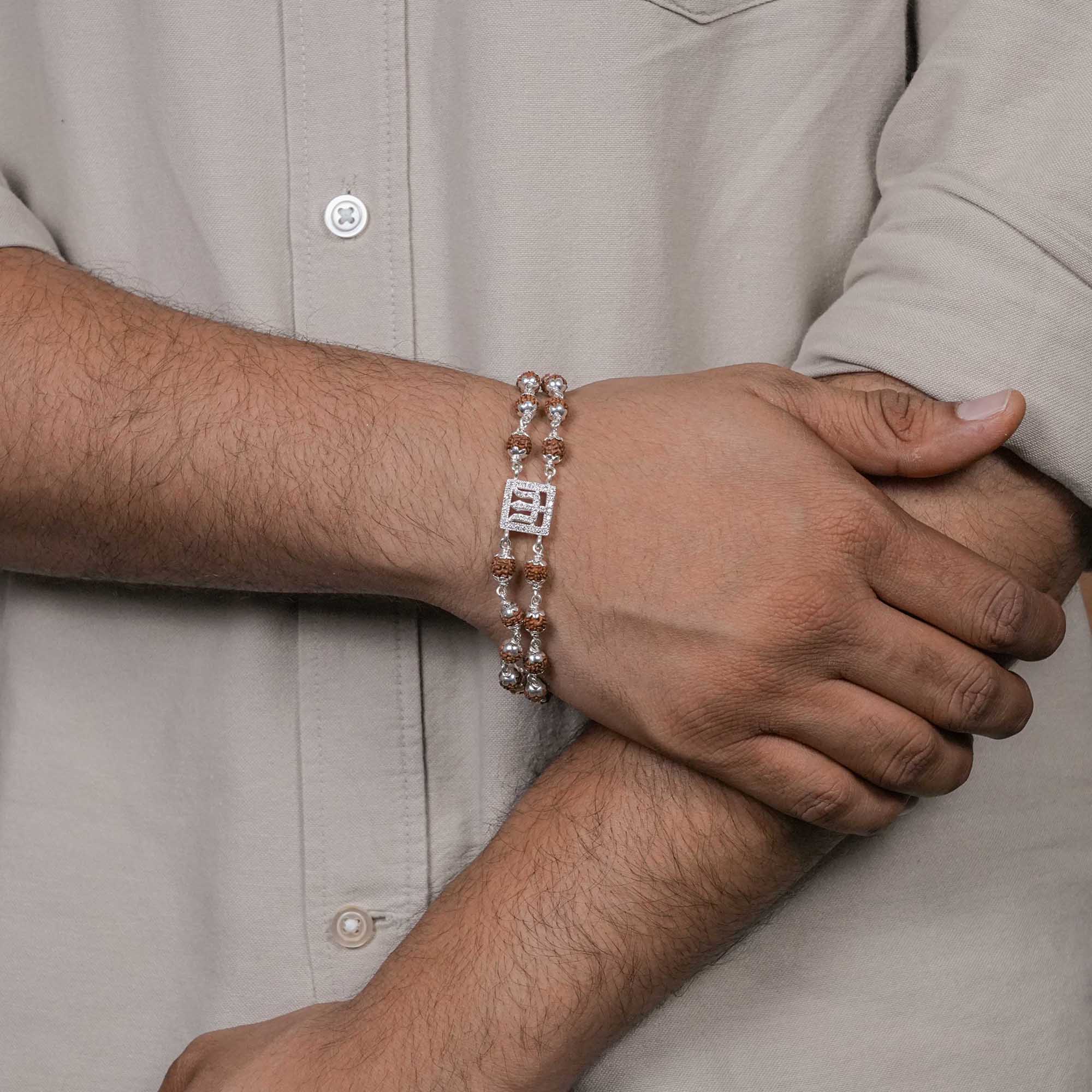 Rudraksha Silver Trishul Symbol in Square double line Bracelet - Image 3