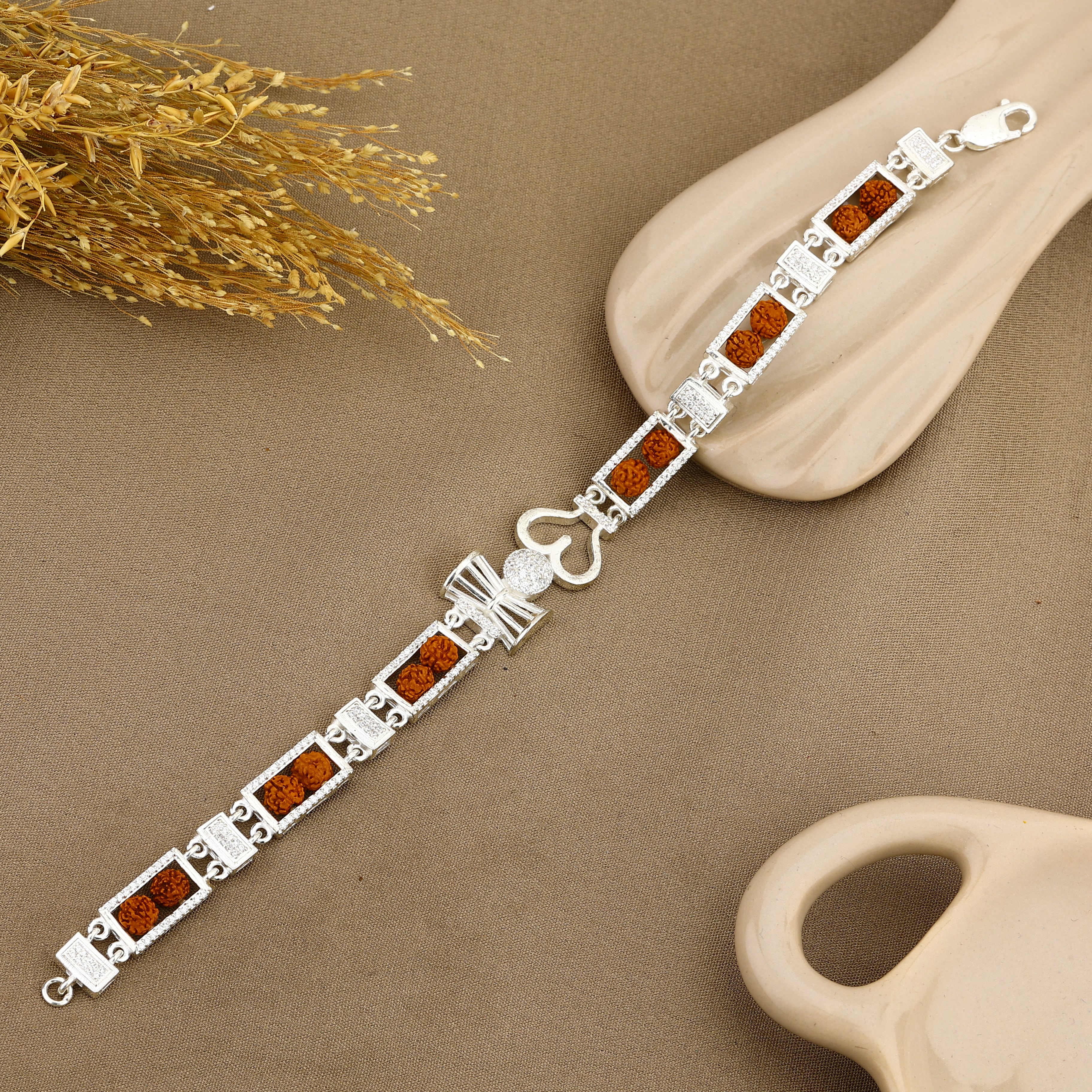 Rudraksha Silver Twin Bead Trishul Damru Bracelet - Image 2
