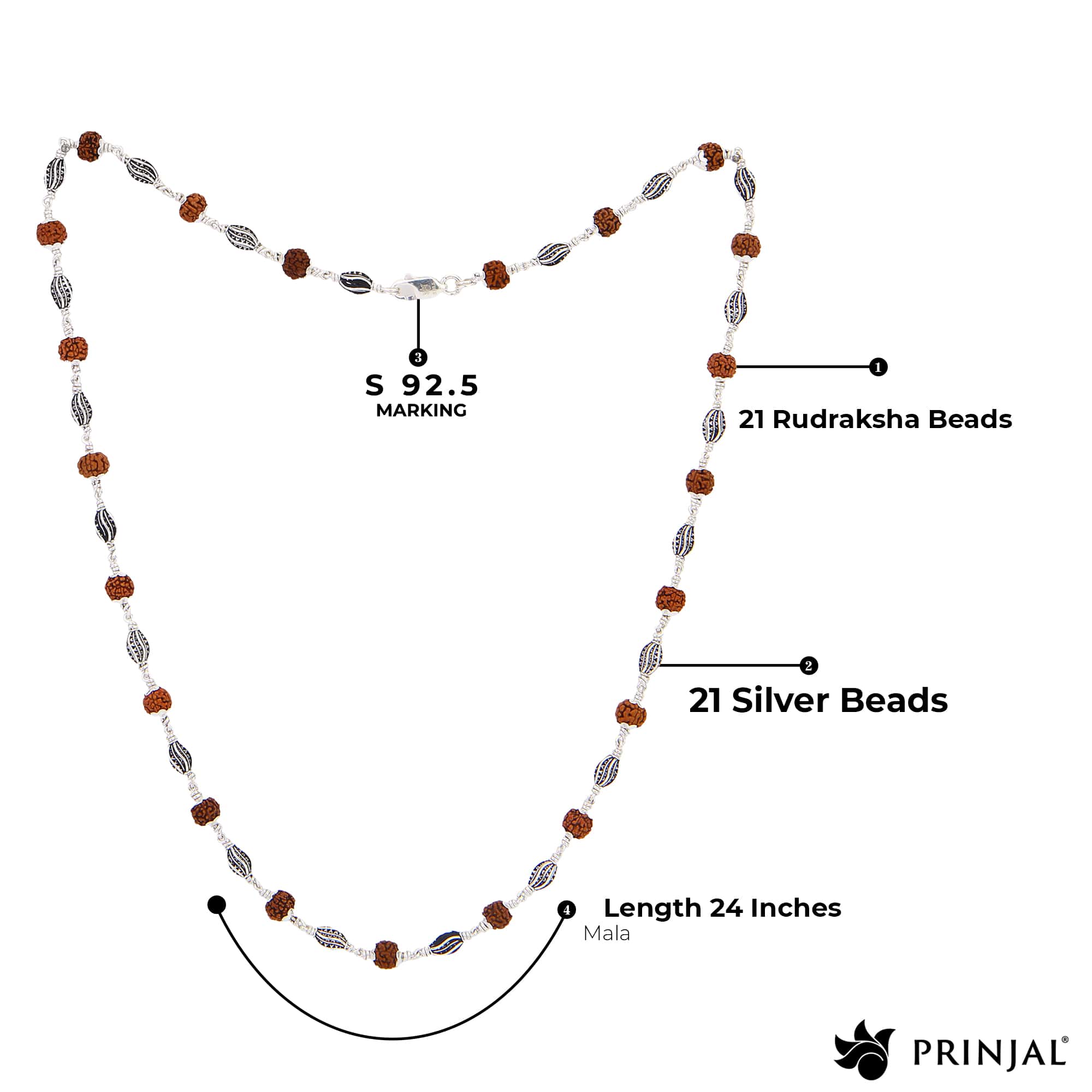 Rudraksha with Marquise Beads Silver Mala - Image 4