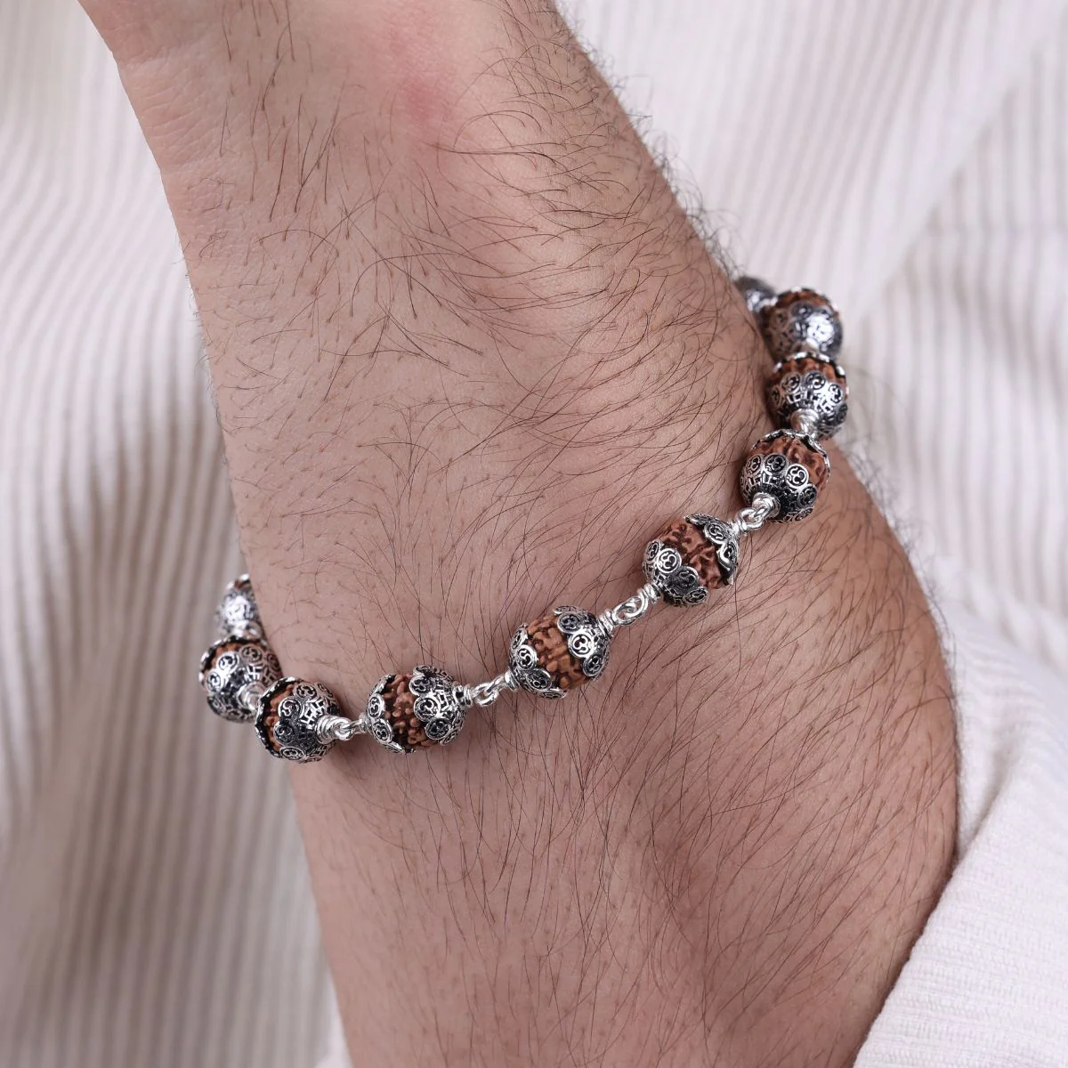Rudraksha With Om Cap Silver Bracelet - Image 3