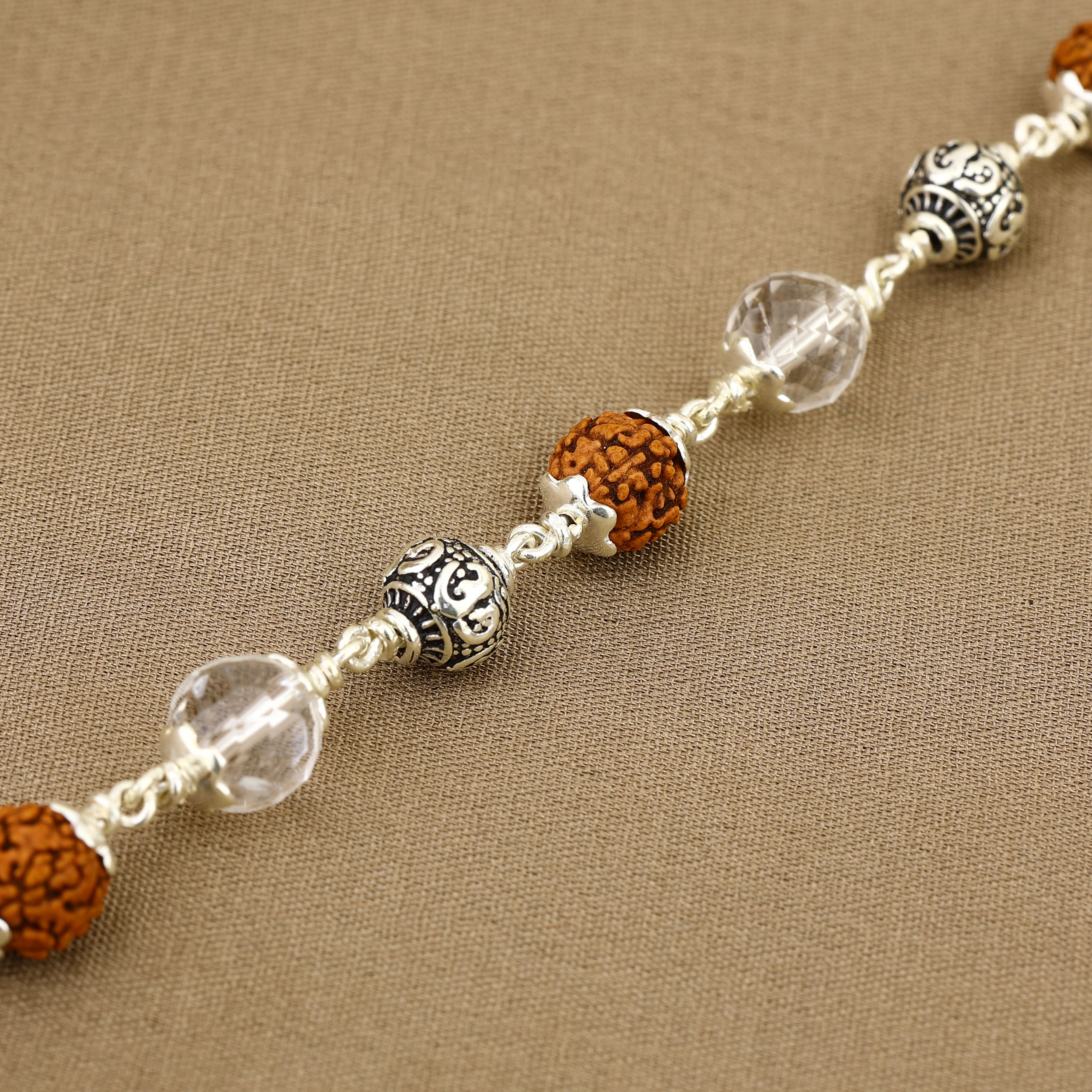Rudraksha with Diamond Cut Sphatik and Om Silver Beads Bracelet