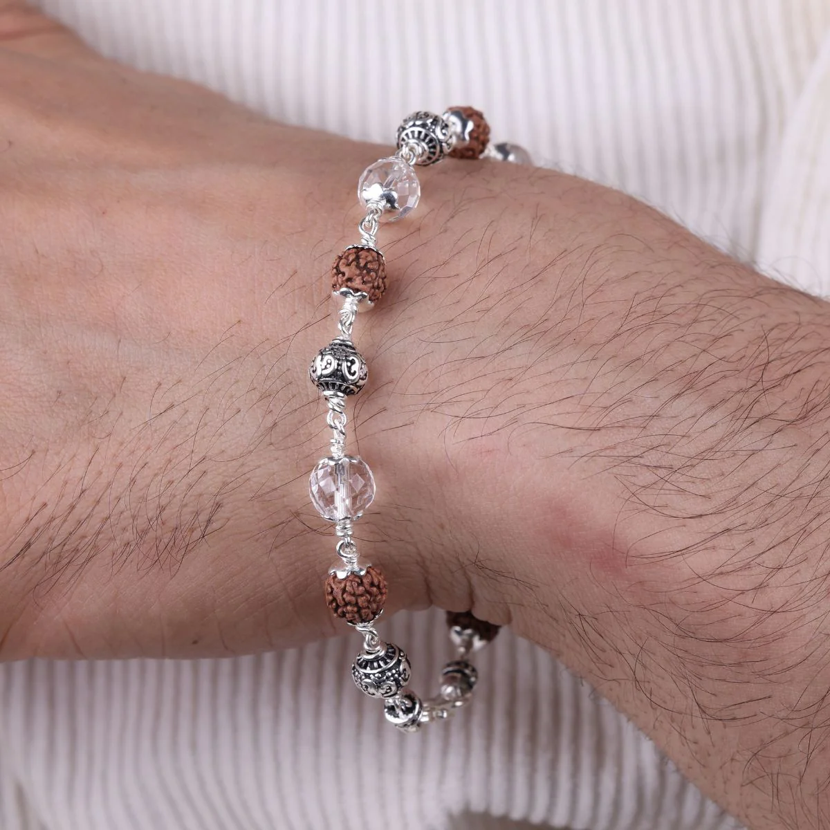 Rudraksha with Diamond Cut Sphatik and Om Silver Beads Bracelet - Image 3