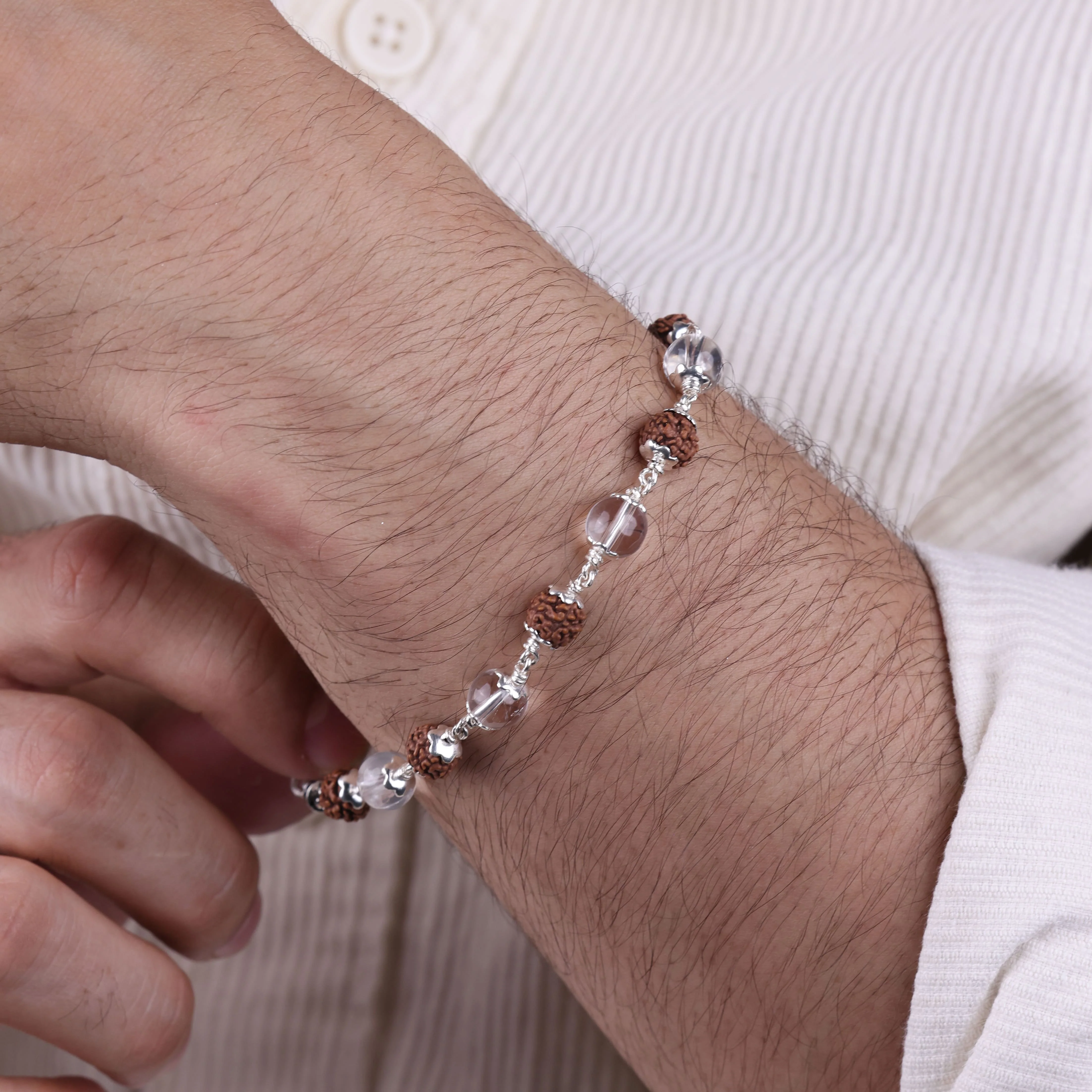 Rudraksha with Sphatik Beads Silver Bracelet - Image 3