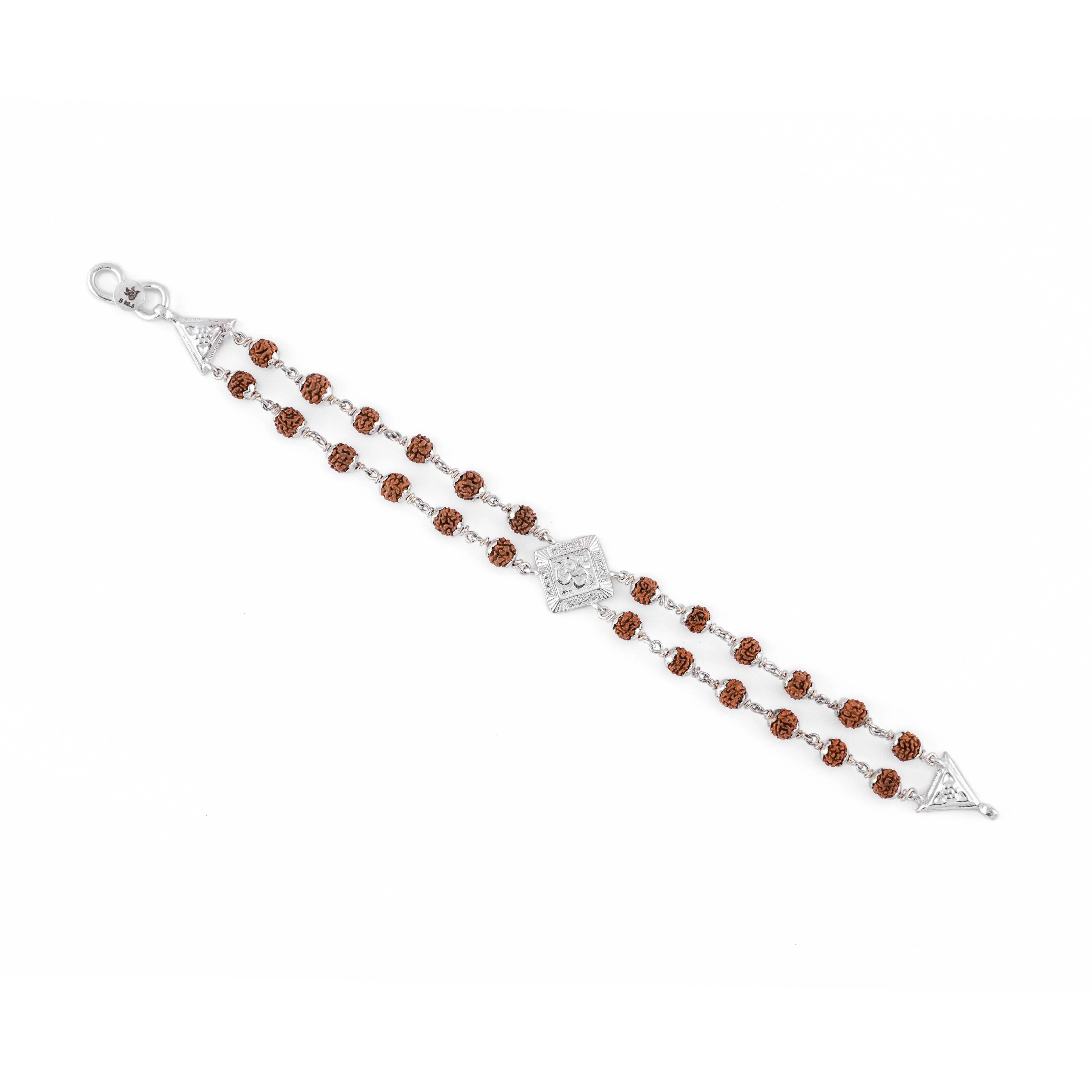 Rudraksha Silver Om Rhombus Double Line Bracelet - Image 4