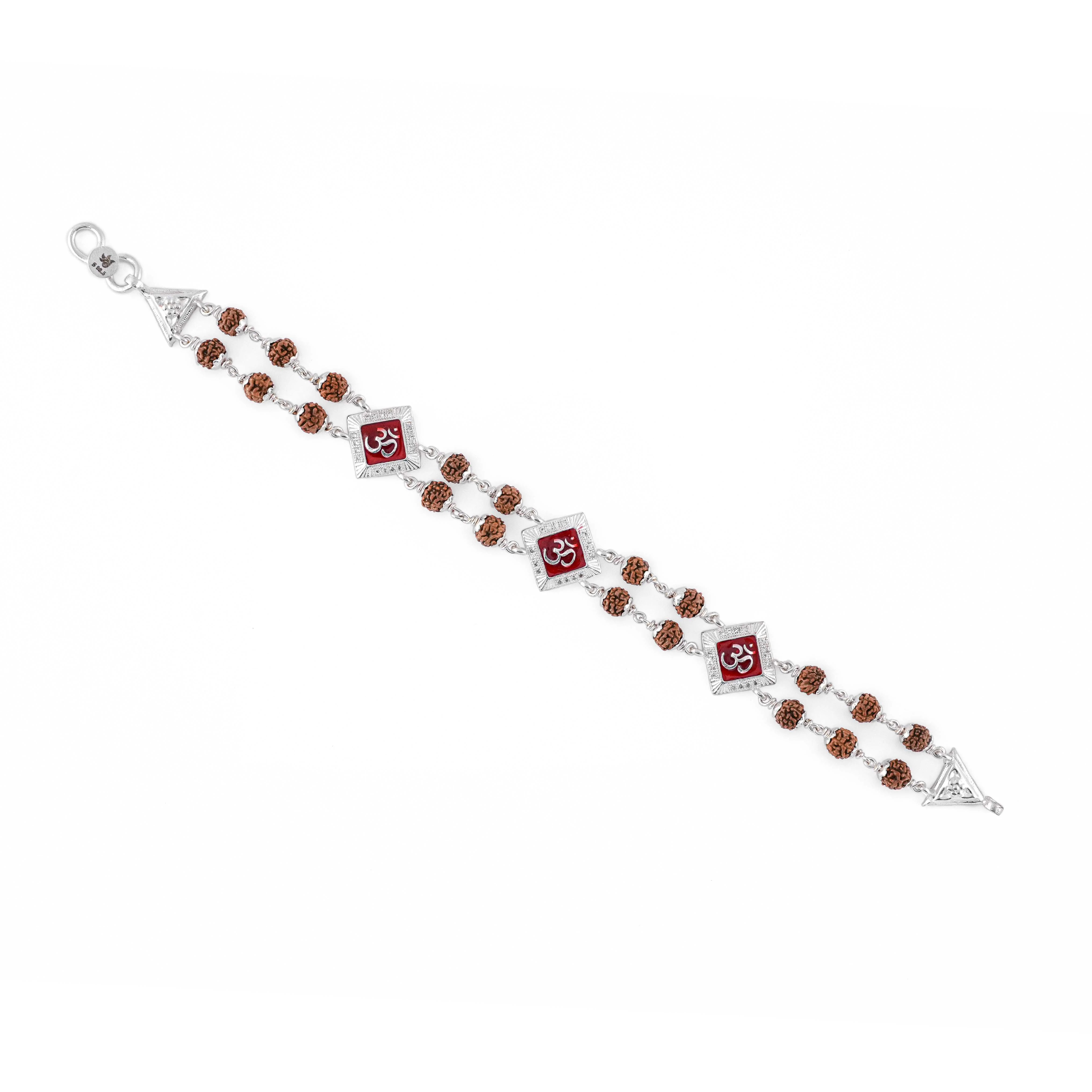 Rudraksha Silver Om Three Rhombus Brooch Double Line Bracelet - Image 4