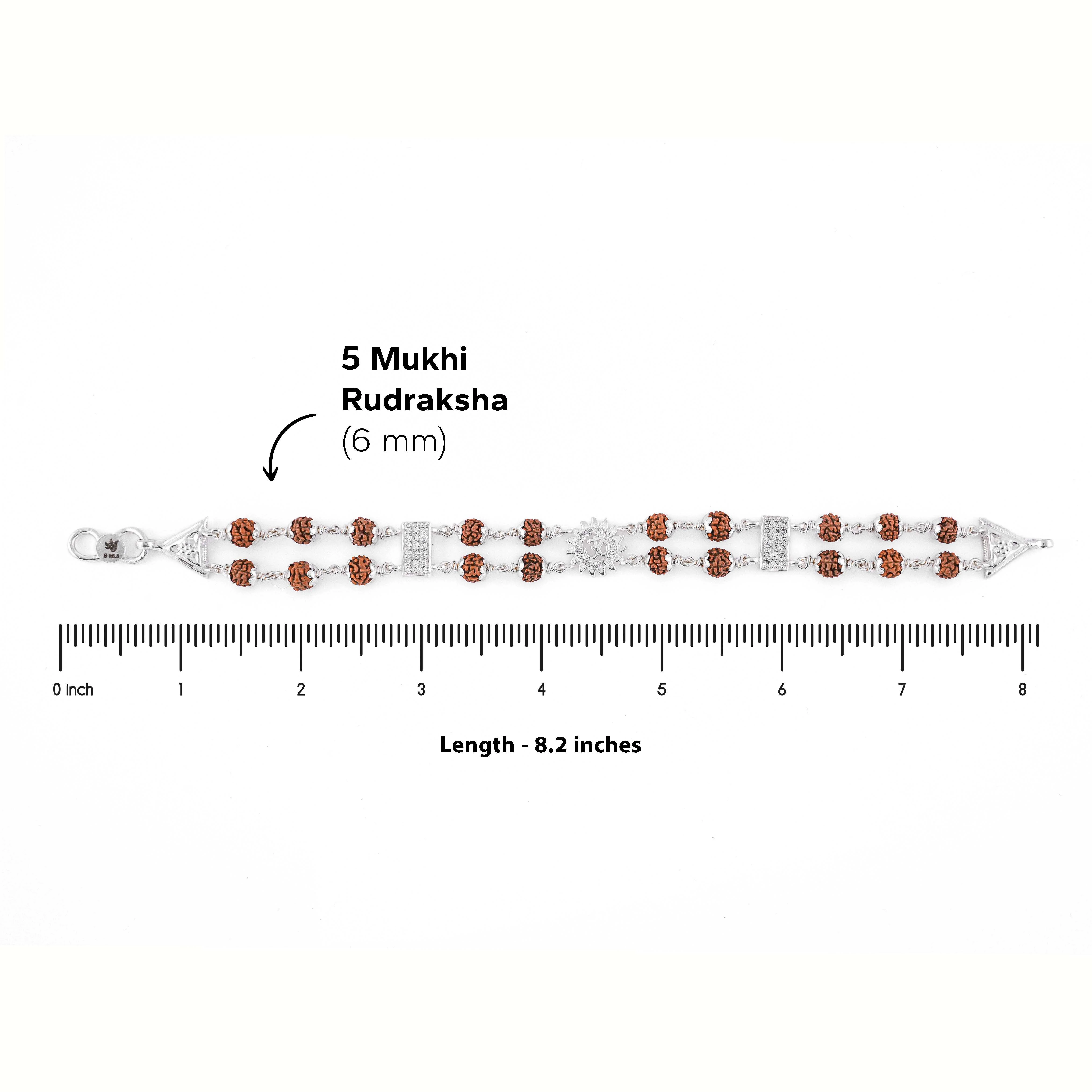 Rudraksha Silver Om Flower Brooch Double Line Bracelet - Image 6
