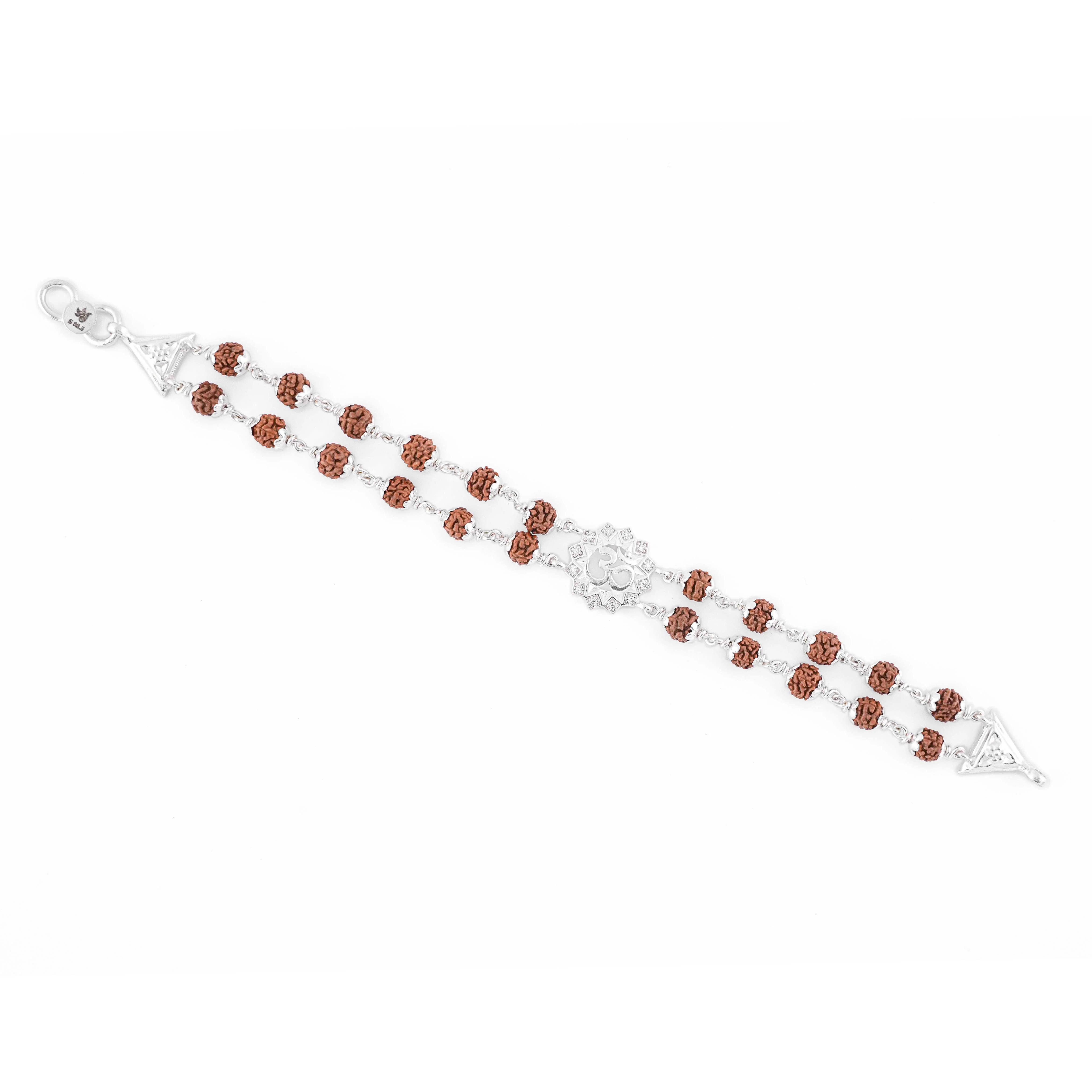 Rudraksha Silver Om Flower double line Bracelet - Image 4