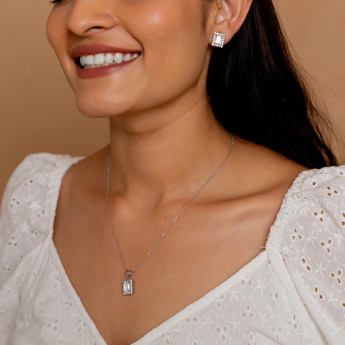 Silver Set Chain Rectangular Pendant with Earrings with Stones for Women - Image 3