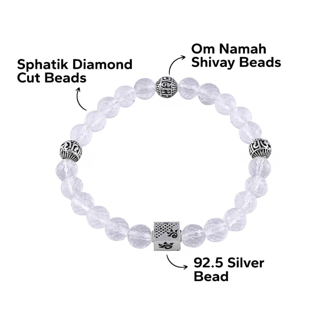 Sphatik Diamond Cut Beads with Om Namah Shivay Silver Beads Bracelet - Image 5