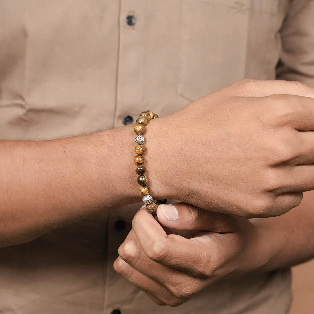 Tiger Eye Stone with Om Namah Shivay Silver Beads Bracelet - Image 3